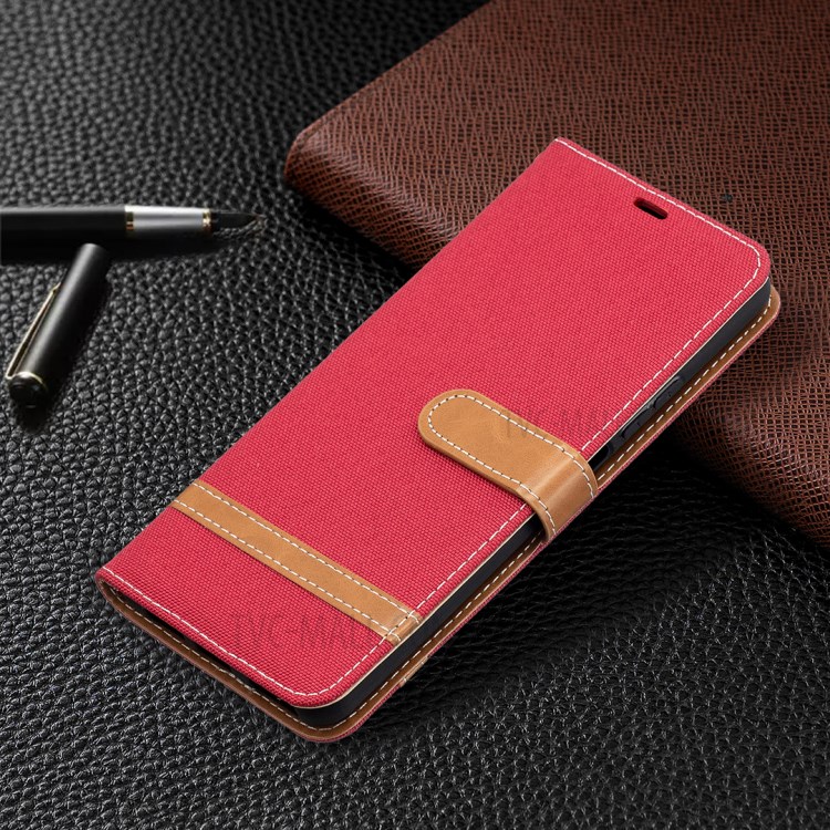 For Huawei P smart 2021 / Huawei Y7a Color Splicing Jeans Cloth Surface Wallet Leather Phone Cover - Red-7
