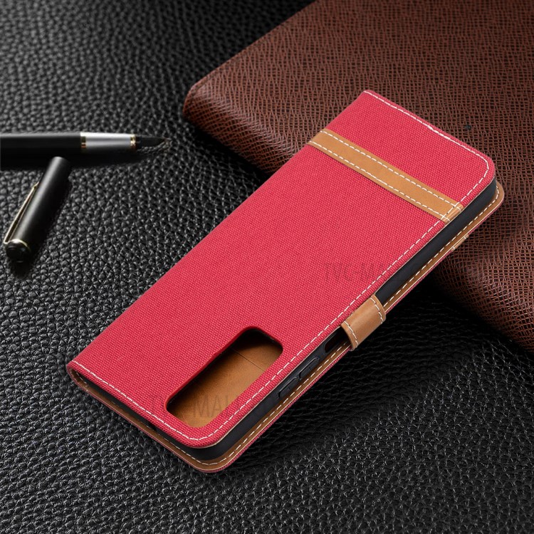 For Huawei P smart 2021 / Huawei Y7a Color Splicing Jeans Cloth Surface Wallet Leather Phone Cover - Red-8