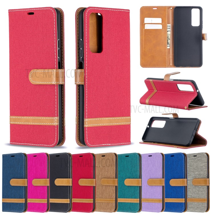 For Huawei P smart 2021 / Huawei Y7a Color Splicing Jeans Cloth Surface Wallet Leather Phone Cover - Red-9