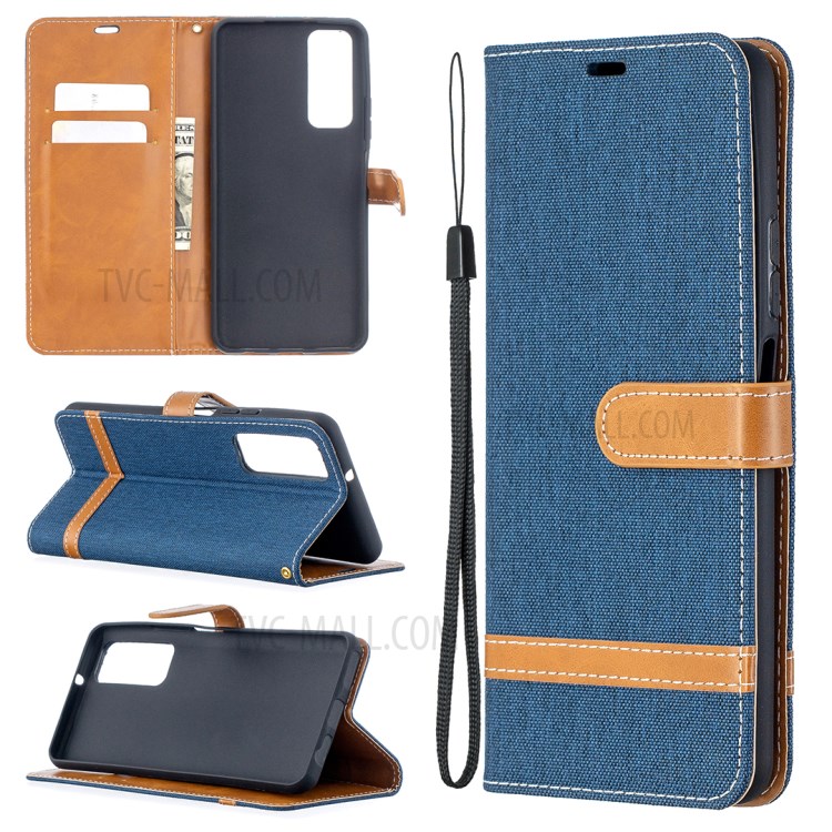 For Huawei P smart 2021 / Huawei Y7a Color Splicing Jeans Cloth Surface Wallet Leather Phone Cover - Dark Blue-1