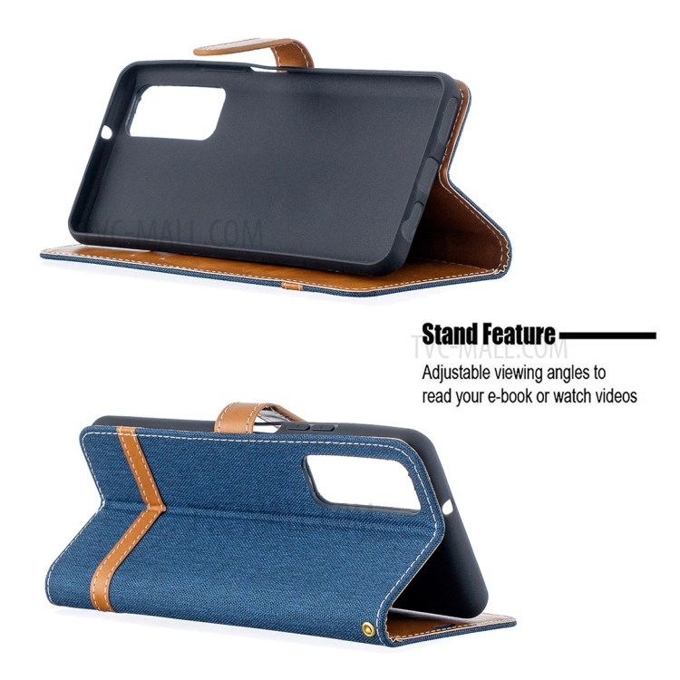 For Huawei P smart 2021 / Huawei Y7a Color Splicing Jeans Cloth Surface Wallet Leather Phone Cover - Dark Blue-5