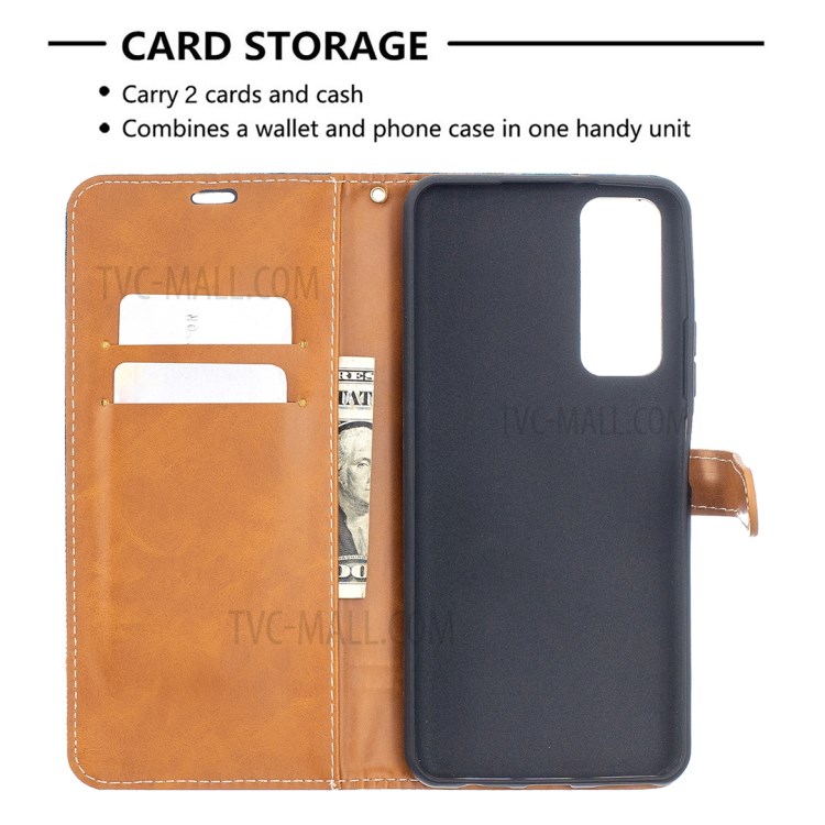 For Huawei P smart 2021 / Huawei Y7a Color Splicing Jeans Cloth Surface Wallet Leather Phone Cover - Dark Blue-6