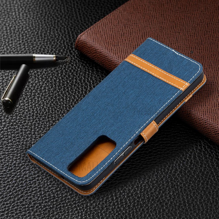 For Huawei P smart 2021 / Huawei Y7a Color Splicing Jeans Cloth Surface Wallet Leather Phone Cover - Dark Blue-8