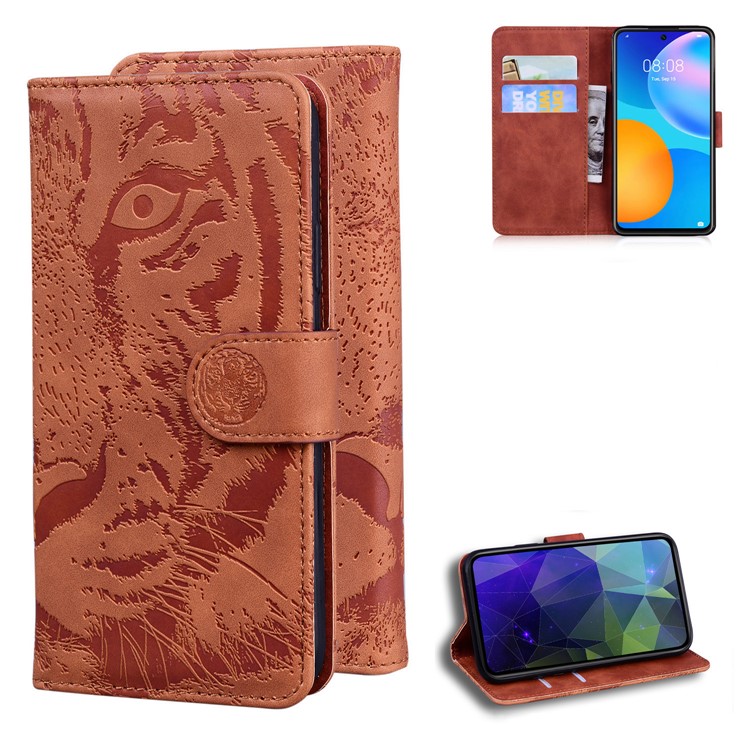 Imprinted Tiger Pattern Stand Wallet Case Leather Cover for Huawei P Smart 2021 / Huawei Y7a - Brown-1