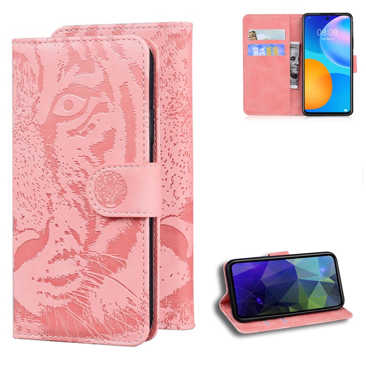 Imprinted Tiger Pattern Stand Wallet Case Leather Cover for Huawei P Smart 2021 / Huawei Y7a - Pink-1