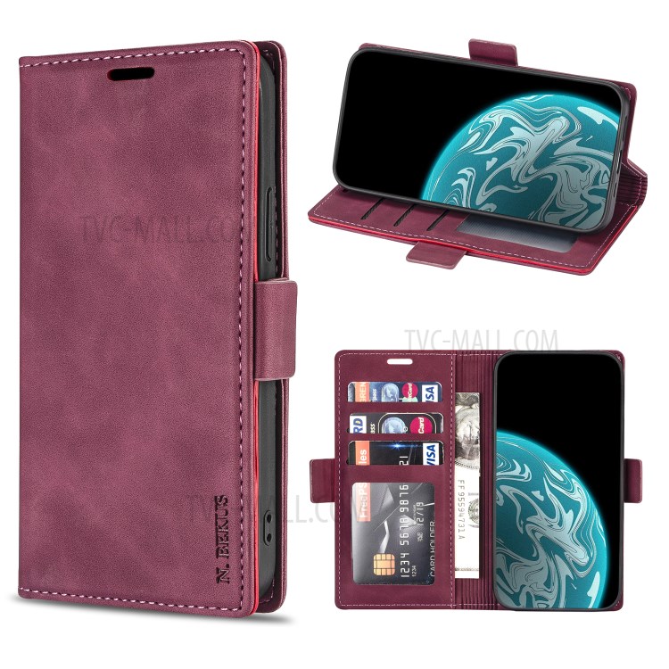 N.BEKUS for Huawei P smart 2021/Y7a PU Leather Wallet Phone Stand Case - Wine Red-1