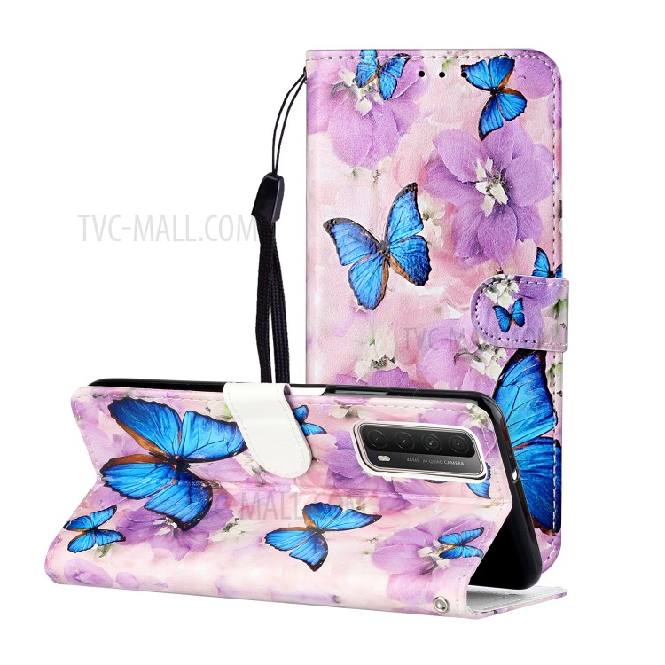 Embossed Patterned Wallet Stand TPU + PU Leather Phone Cover with Lanyard for Huawei P smart 2021/Y7a - Blue Butterflies-1