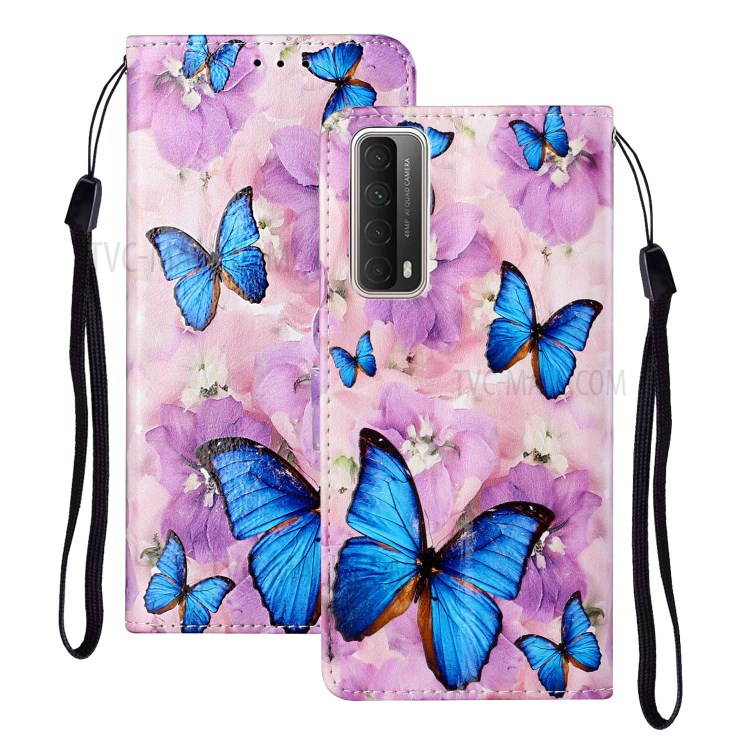 Embossed Patterned Wallet Stand TPU + PU Leather Phone Cover with Lanyard for Huawei P smart 2021/Y7a - Blue Butterflies-2