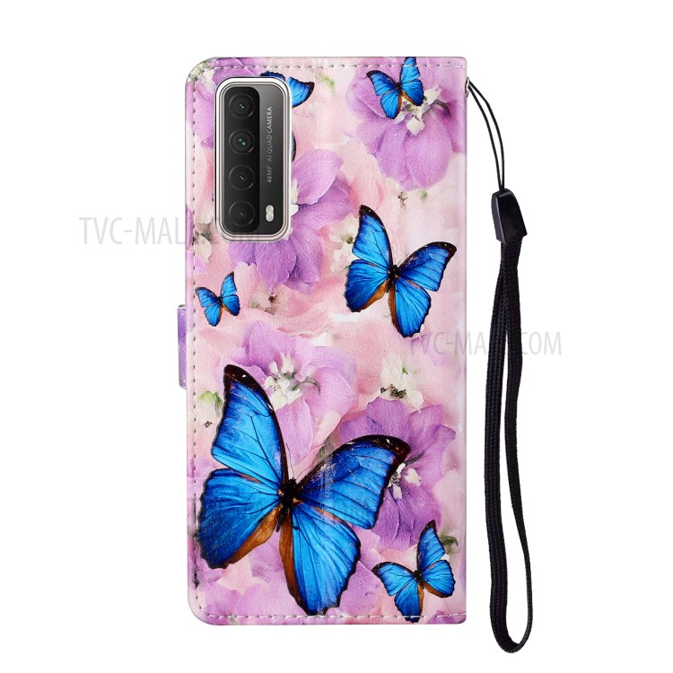 Embossed Patterned Wallet Stand TPU + PU Leather Phone Cover with Lanyard for Huawei P smart 2021/Y7a - Blue Butterflies-4