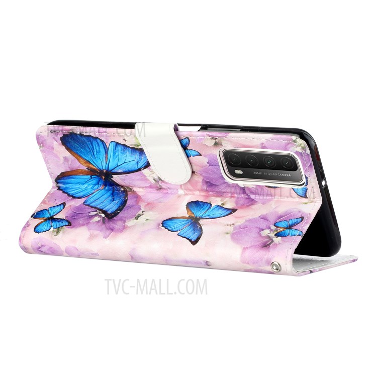Embossed Patterned Wallet Stand TPU + PU Leather Phone Cover with Lanyard for Huawei P smart 2021/Y7a - Blue Butterflies-6