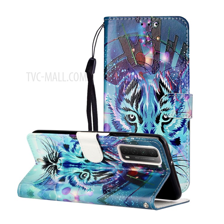 Embossed Patterned Wallet Stand TPU + PU Leather Phone Cover with Lanyard for Huawei P smart 2021/Y7a - Tiger Face-1