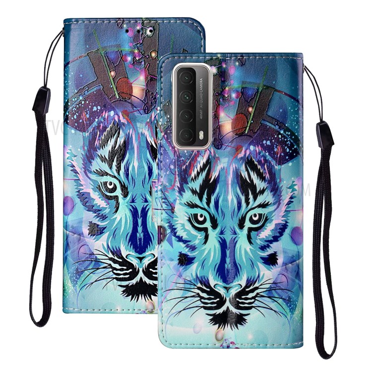Embossed Patterned Wallet Stand TPU + PU Leather Phone Cover with Lanyard for Huawei P smart 2021/Y7a - Tiger Face-2