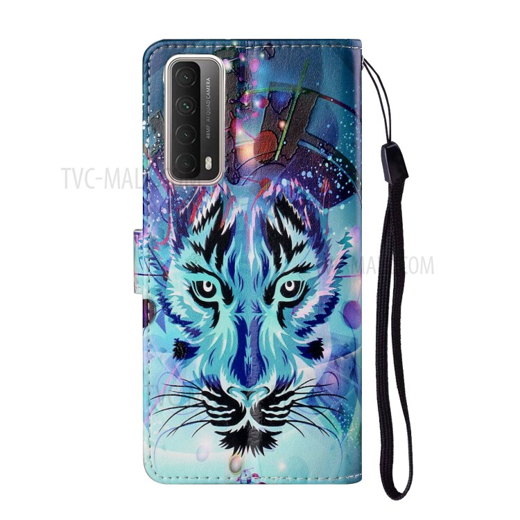 Embossed Patterned Wallet Stand TPU + PU Leather Phone Cover with Lanyard for Huawei P smart 2021/Y7a - Tiger Face-4