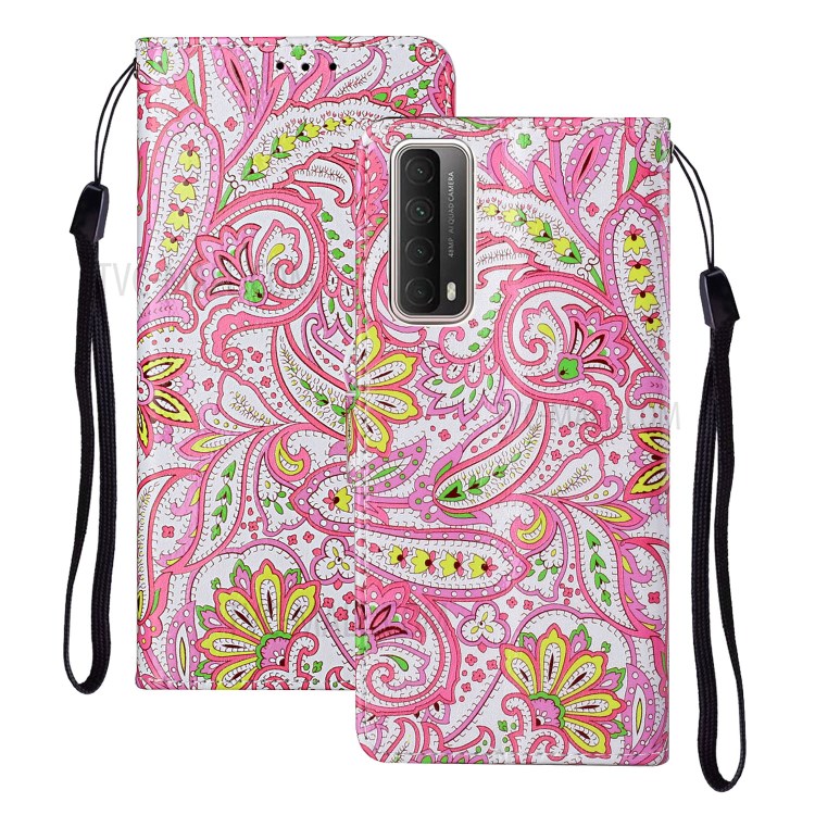 Embossed Patterned Wallet Stand TPU + PU Leather Phone Cover with Lanyard for Huawei P smart 2021/Y7a - Paisley Flower-2