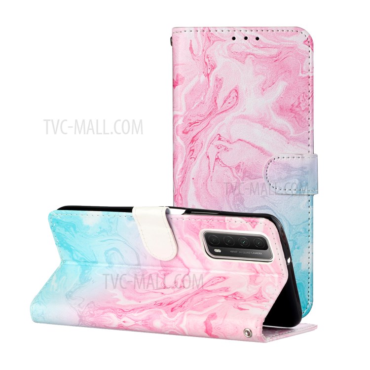 Glossy Pattern Printing TPU + PU Leather Protection Cover for Huawei P smart 2021/Y7a - Pink and Blue Lava Pattern-1