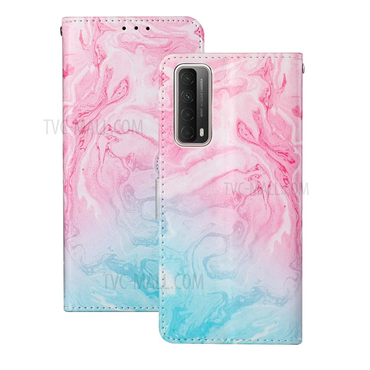 Glossy Pattern Printing TPU + PU Leather Protection Cover for Huawei P smart 2021/Y7a - Pink and Blue Lava Pattern-2