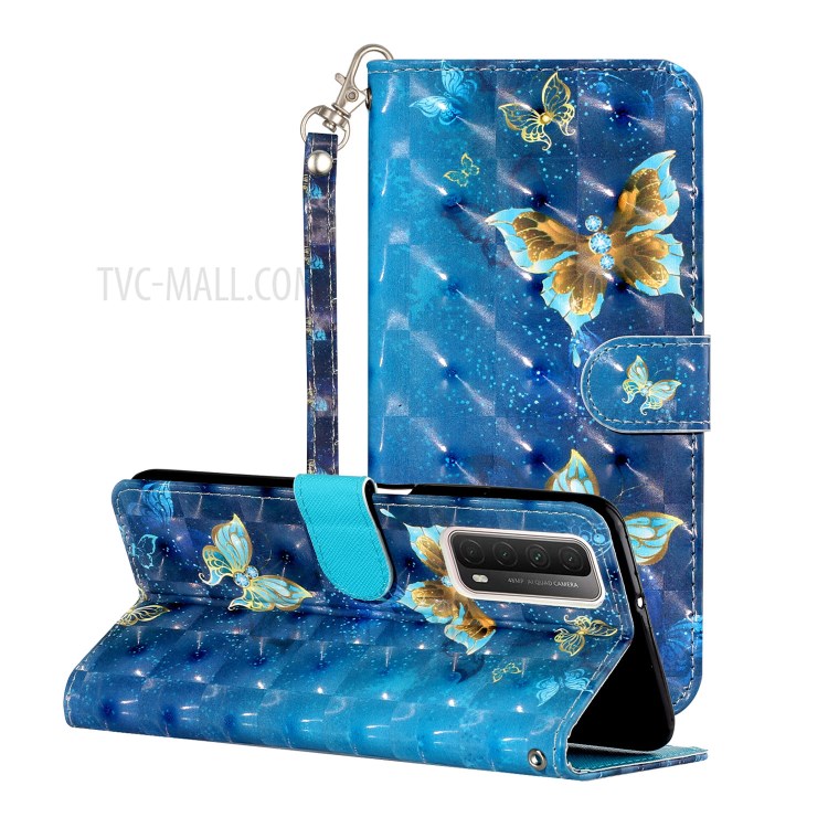 Wallet Stand 3D Pattern Printing TPU + PU Leather Phone Casing with Strap for Huawei P smart 2021/Y7a - Butterfly-1