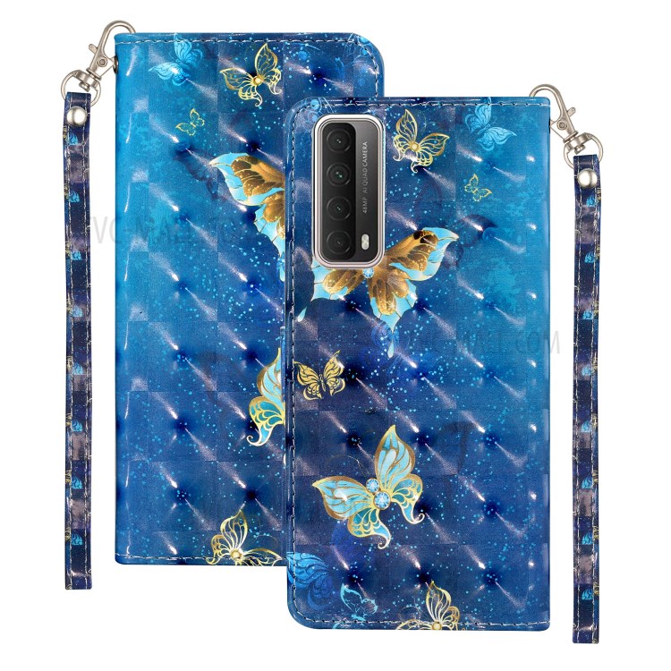 Wallet Stand 3D Pattern Printing TPU + PU Leather Phone Casing with Strap for Huawei P smart 2021/Y7a - Butterfly-2