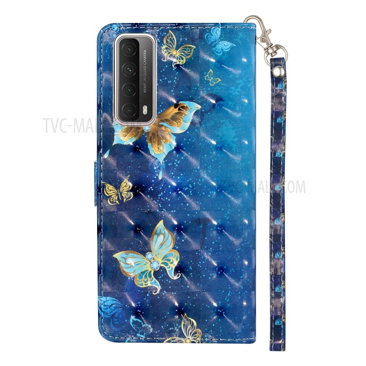 Wallet Stand 3D Pattern Printing TPU + PU Leather Phone Casing with Strap for Huawei P smart 2021/Y7a - Butterfly-4