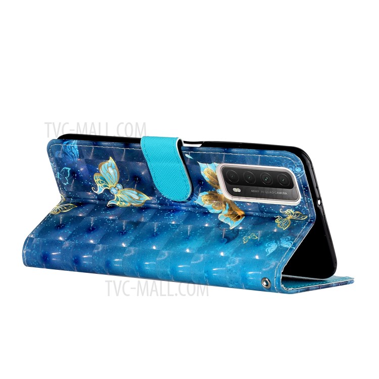Wallet Stand 3D Pattern Printing TPU + PU Leather Phone Casing with Strap for Huawei P smart 2021/Y7a - Butterfly-5