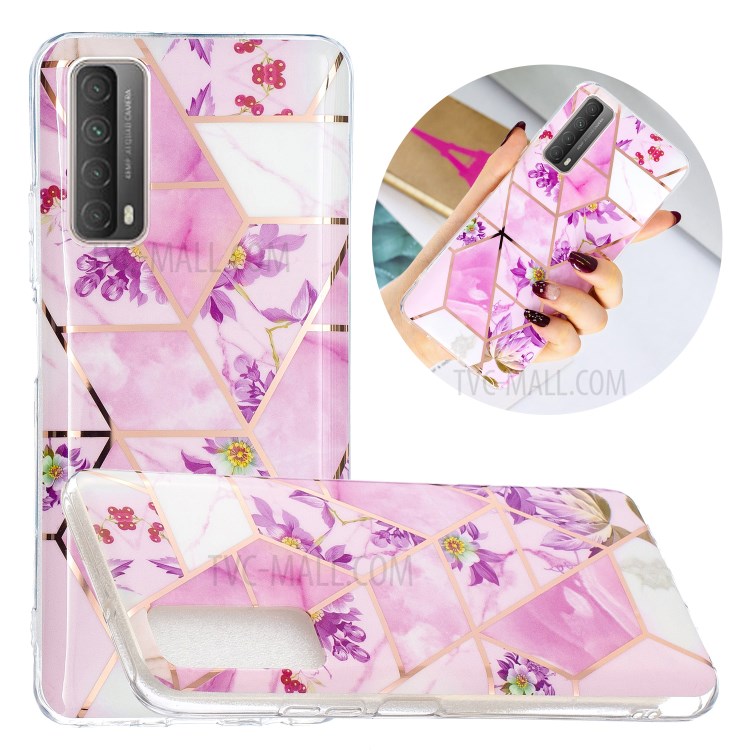 Splicing Marble Electroplating IMD TPU Phone Cover Shell for Huawei P smart 2021/Y7a - Pink/Flower-1