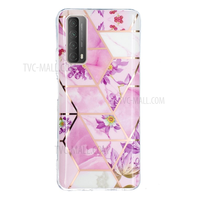 Splicing Marble Electroplating IMD TPU Phone Cover Shell for Huawei P smart 2021/Y7a - Pink/Flower-2