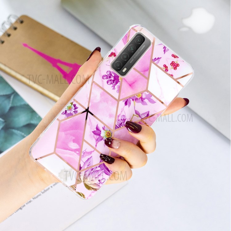 Splicing Marble Electroplating IMD TPU Phone Cover Shell for Huawei P smart 2021/Y7a - Pink/Flower-4