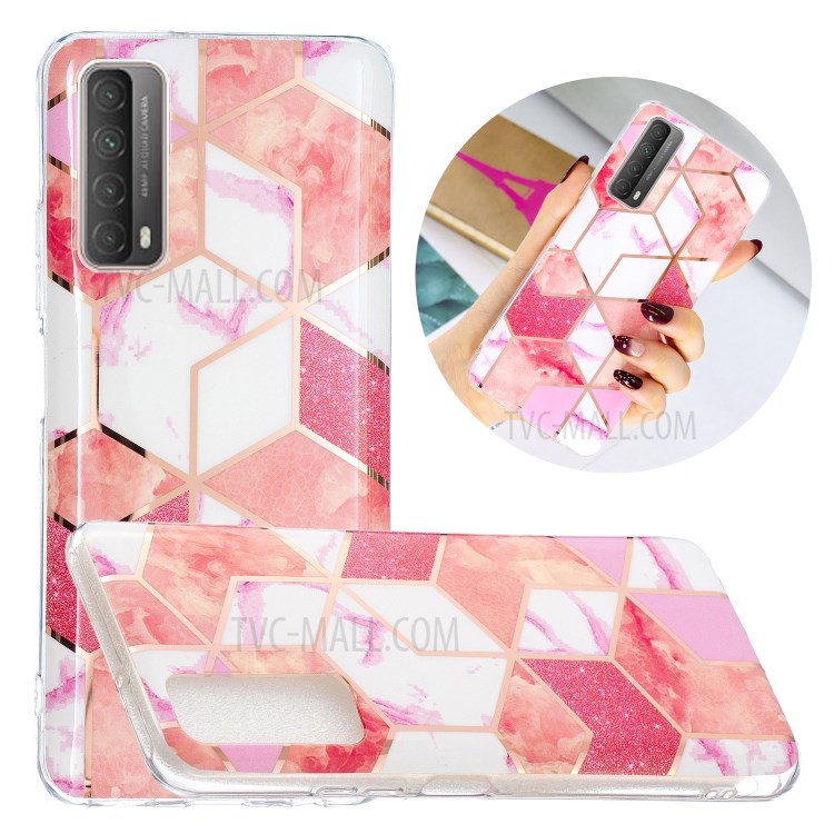 Splicing Marble Electroplating IMD TPU Phone Cover Shell for Huawei P smart 2021/Y7a - Pink Glitter Powder-1
