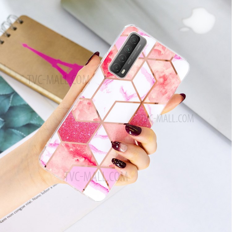 Splicing Marble Electroplating IMD TPU Phone Cover Shell for Huawei P smart 2021/Y7a - Pink Glitter Powder-4