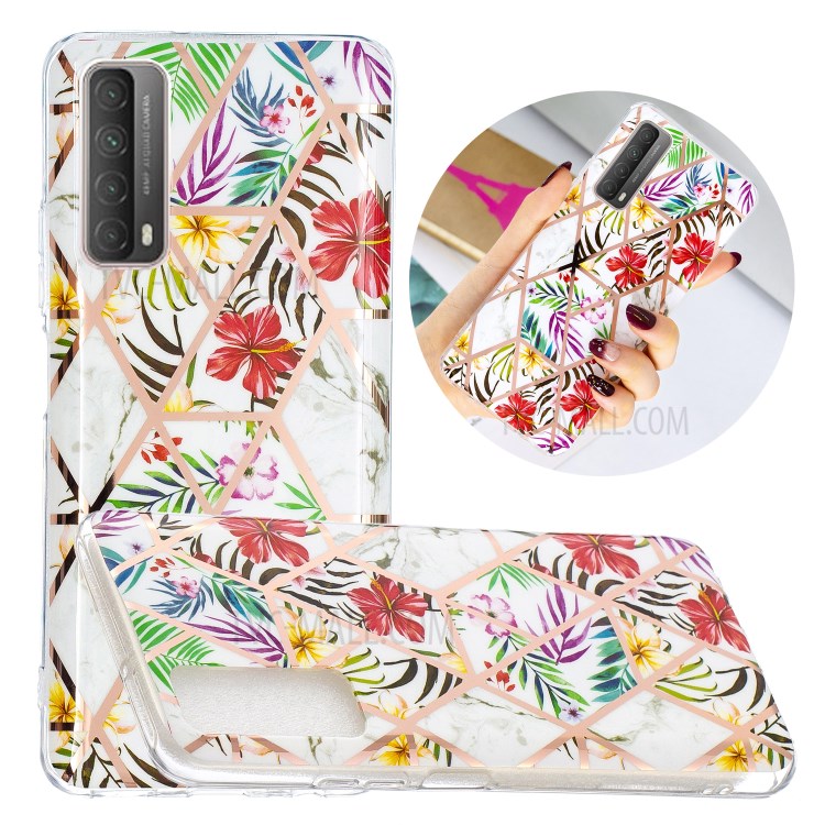Splicing Marble Electroplating IMD TPU Phone Cover Shell for Huawei P smart 2021/Y7a - Rainforest-1