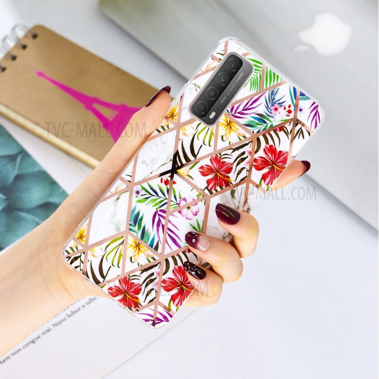 Splicing Marble Electroplating IMD TPU Phone Cover Shell for Huawei P smart 2021/Y7a - Rainforest-4