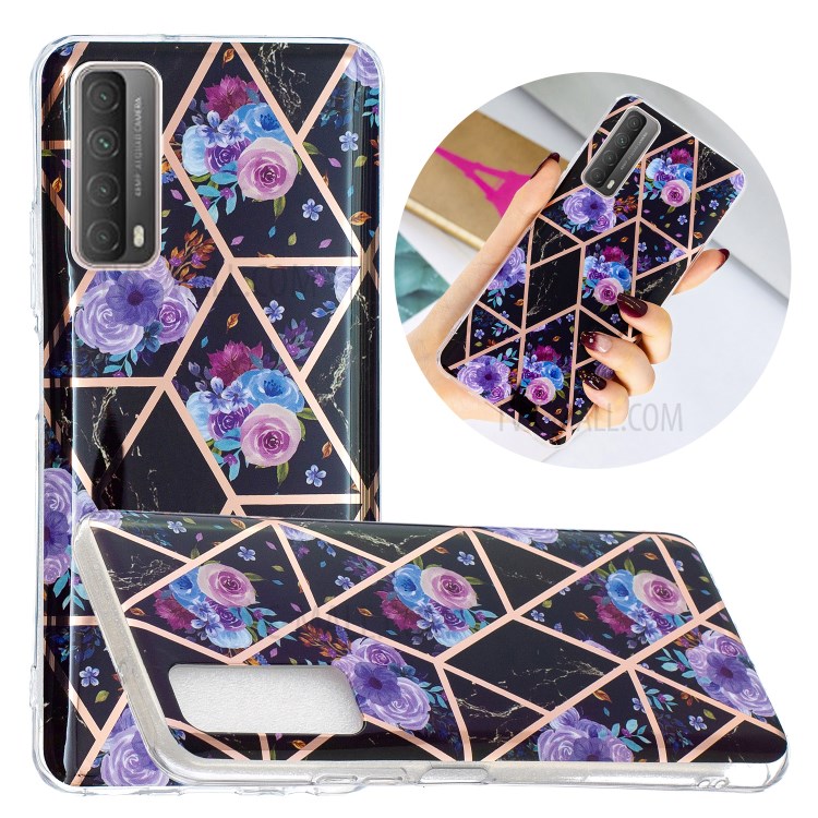 Splicing Marble Electroplating IMD TPU Phone Cover Shell for Huawei P smart 2021/Y7a - Black/Flower-1