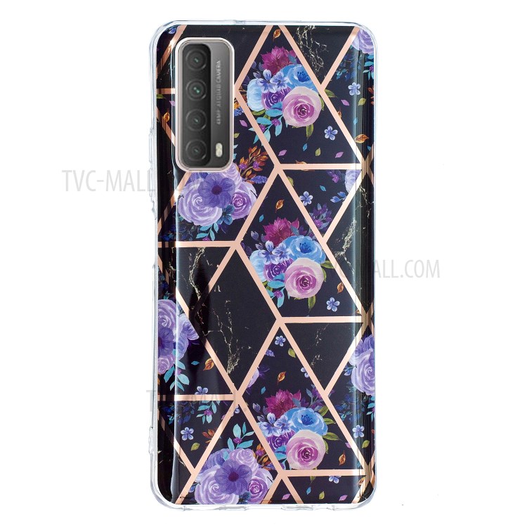 Splicing Marble Electroplating IMD TPU Phone Cover Shell for Huawei P smart 2021/Y7a - Black/Flower-2