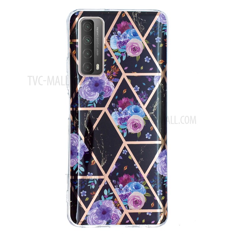 Épissage en Marbre Électroplate IMD TPU TPU Shel de Couverture Pour Huawei P Smart 2021 / Y7a - Fleur Noir-2