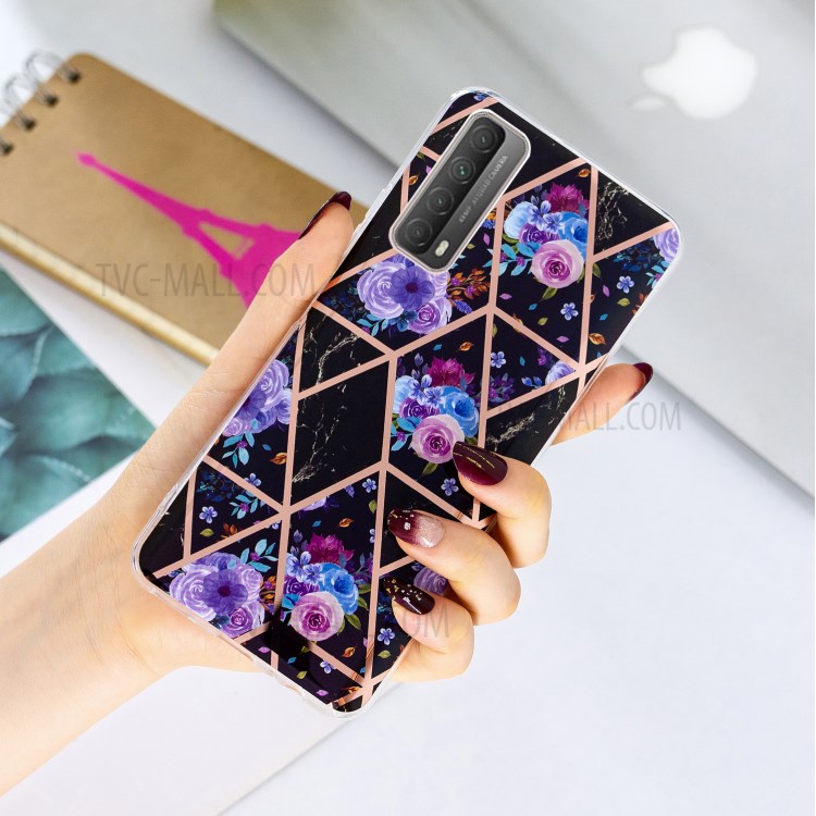 Splicing Marble Electroplating IMD TPU Phone Cover Shell for Huawei P smart 2021/Y7a - Black/Flower-4