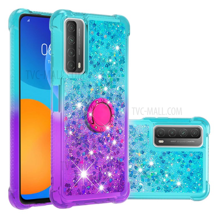 Glossy Gradient Glitter Quicksand Kickstand TPU Phone Shell for Huawei P smart 2021/Y7a - Sky Blue/Purple-1