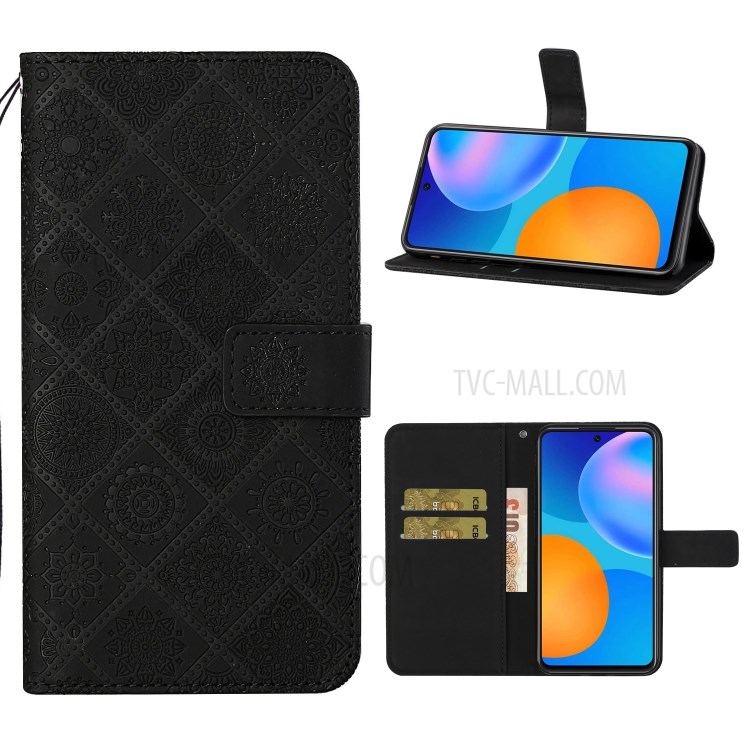 For Huawei P smart 2021/Y7a Imprinted Flower Wallet Leather Magnet Clasp Case with Strap - Black-1