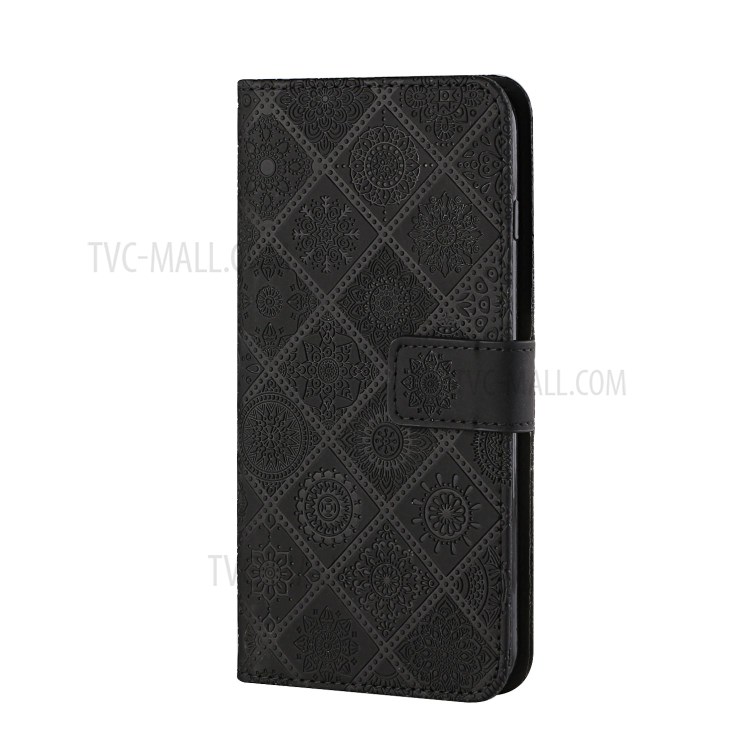 For Huawei P smart 2021/Y7a Imprinted Flower Wallet Leather Magnet Clasp Case with Strap - Black-2