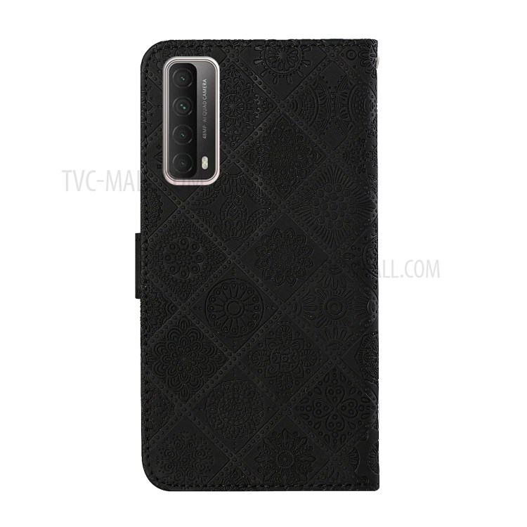 For Huawei P smart 2021/Y7a Imprinted Flower Wallet Leather Magnet Clasp Case with Strap - Black-3