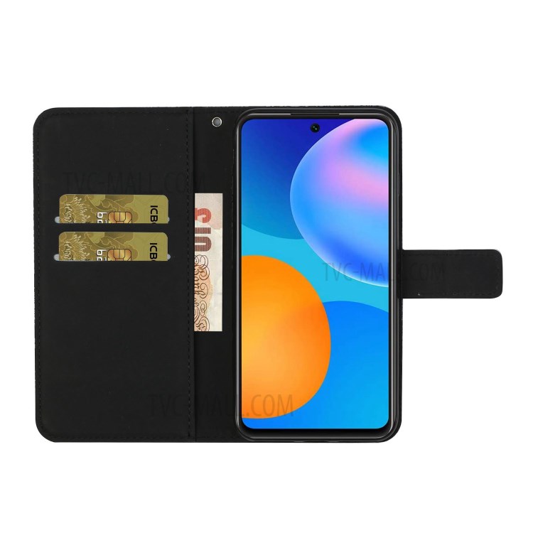 For Huawei P smart 2021/Y7a Imprinted Flower Wallet Leather Magnet Clasp Case with Strap - Black-5