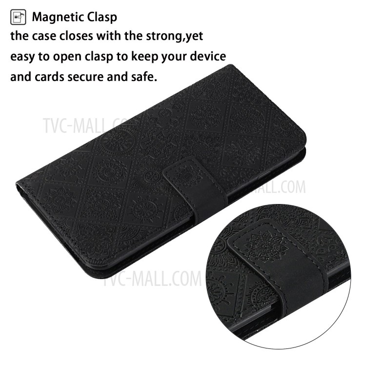 For Huawei P smart 2021/Y7a Imprinted Flower Wallet Leather Magnet Clasp Case with Strap - Black-6