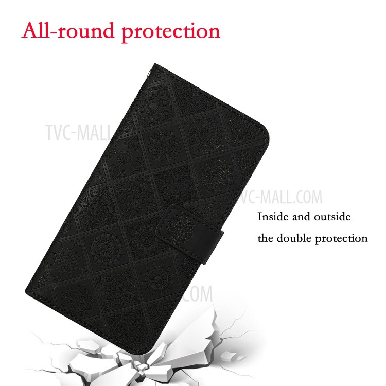 For Huawei P smart 2021/Y7a Imprinted Flower Wallet Leather Magnet Clasp Case with Strap - Black-7
