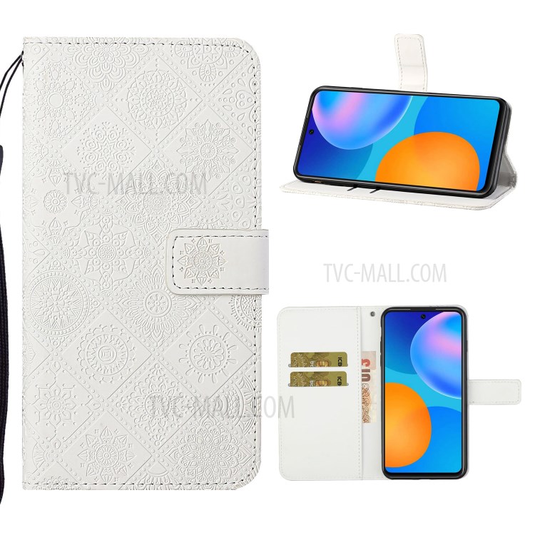 For Huawei P smart 2021/Y7a Imprinted Flower Wallet Leather Magnet Clasp Case with Strap - White-1