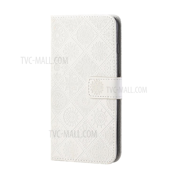 For Huawei P smart 2021/Y7a Imprinted Flower Wallet Leather Magnet Clasp Case with Strap - White-2