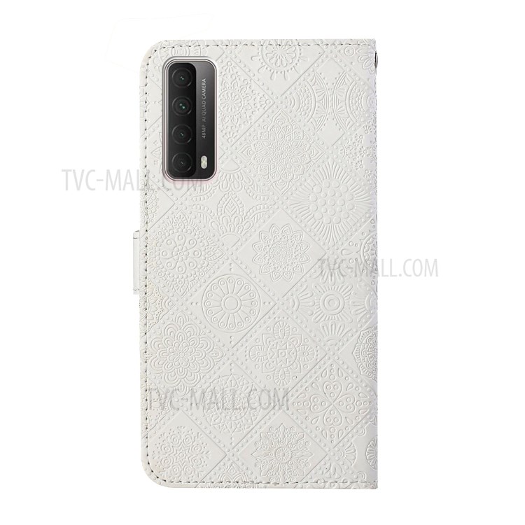 For Huawei P smart 2021/Y7a Imprinted Flower Wallet Leather Magnet Clasp Case with Strap - White-3