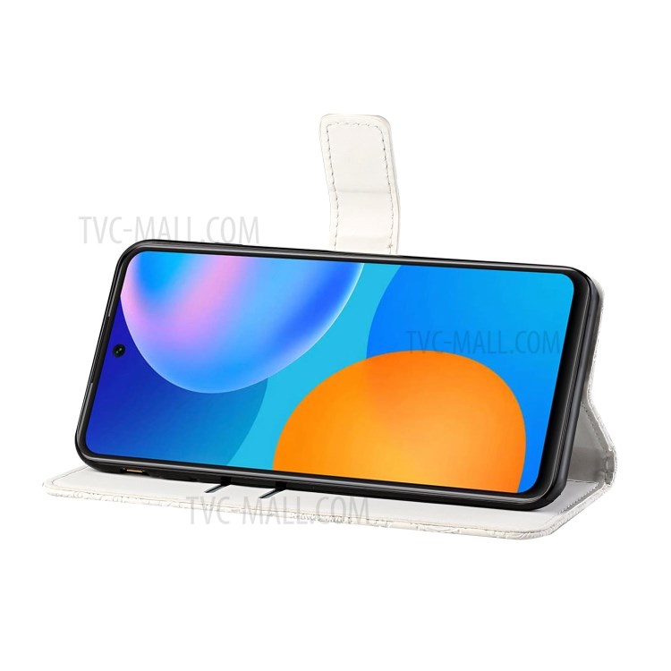 For Huawei P smart 2021/Y7a Imprinted Flower Wallet Leather Magnet Clasp Case with Strap - White-4