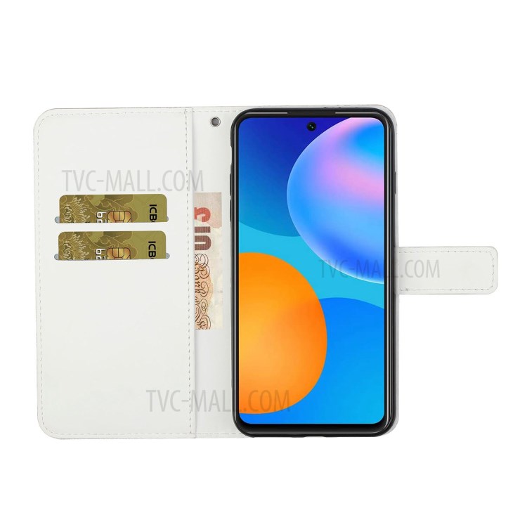 For Huawei P smart 2021/Y7a Imprinted Flower Wallet Leather Magnet Clasp Case with Strap - White-5