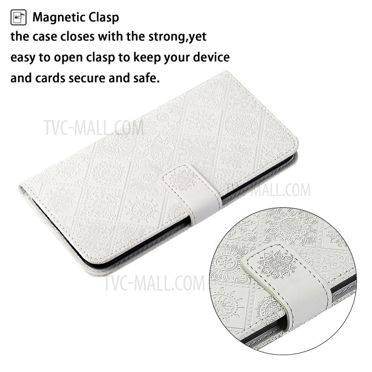 For Huawei P smart 2021/Y7a Imprinted Flower Wallet Leather Magnet Clasp Case with Strap - White-6