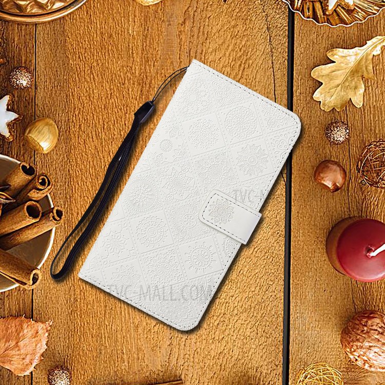 For Huawei P smart 2021/Y7a Imprinted Flower Wallet Leather Magnet Clasp Case with Strap - White-8