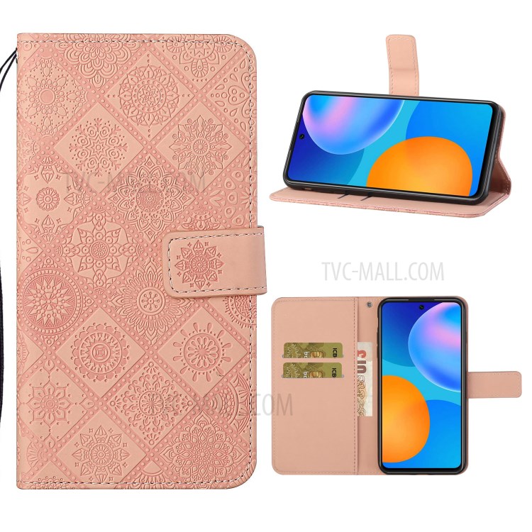 For Huawei P smart 2021/Y7a Imprinted Flower Wallet Leather Magnet Clasp Case with Strap - Pink-1